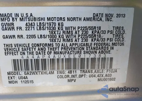 2014 Mitsubishi Outlander Sport Se z USA, uszkodzony, nr VIN 4A4AP4AUXEE017383